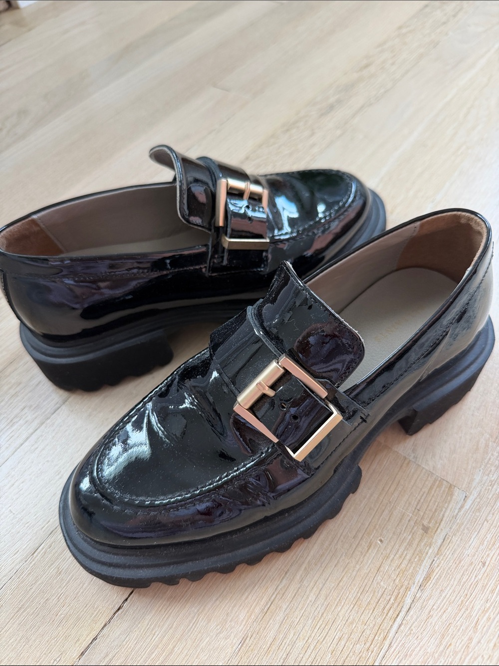 All Saints Black Patent Buckle Clogs